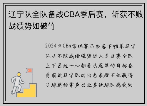 辽宁队全队备战CBA季后赛，斩获不败战绩势如破竹
