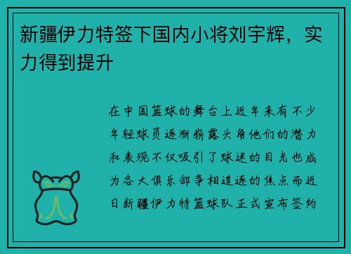 新疆伊力特签下国内小将刘宇辉，实力得到提升