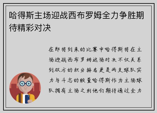 哈得斯主场迎战西布罗姆全力争胜期待精彩对决