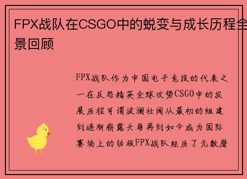 FPX战队在CSGO中的蜕变与成长历程全景回顾