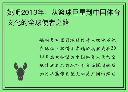 姚明2013年：从篮球巨星到中国体育文化的全球使者之路